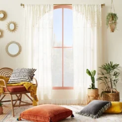 1pc Sheer Banded Geo Macrame Window Curtain Panel White - Opalhouseâ„¢ Designed With Jungalowâ„¢